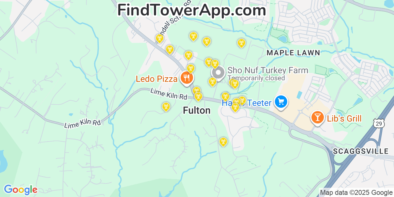 Map showing the 20 primary cell tower locations detected in Fulton, Maryland from AT&T, Verizon, and T-Mobile networks