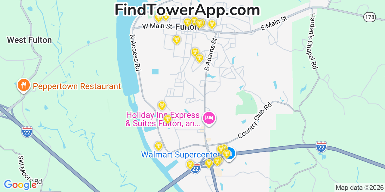 Map showing the 20 primary cell tower locations detected in Fulton, Mississippi from AT&T, Verizon, and T-Mobile networks
