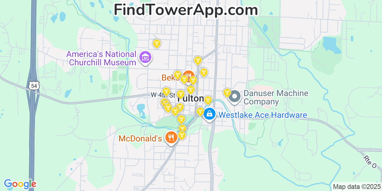 Map showing the 20 primary cell tower locations detected in Fulton, Missouri from AT&T, Verizon, and T-Mobile networks