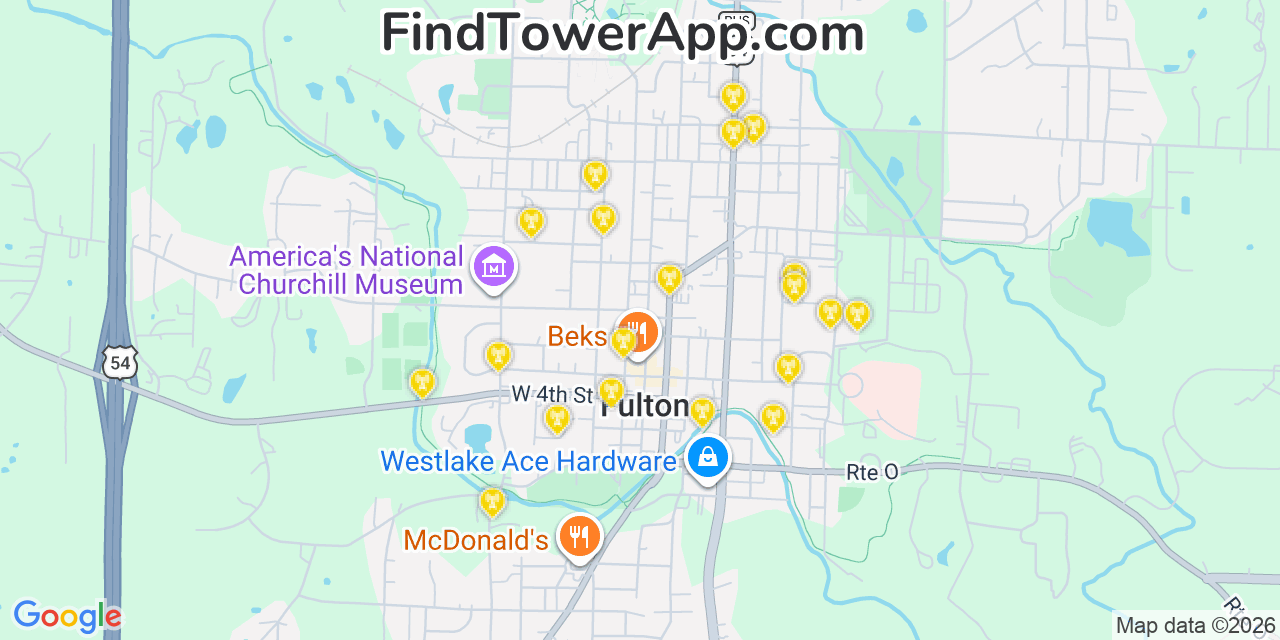 Map showing the 20 primary cell tower locations detected in Fulton, Missouri from AT&T, Verizon, and T-Mobile networks
