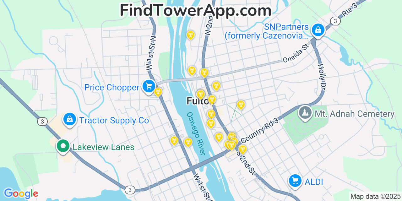 Map showing the 20 primary cell tower locations detected in Fulton, New York from AT&T, Verizon, and T-Mobile networks