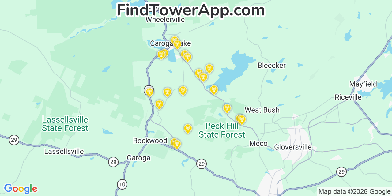 Map showing the 20 primary cell tower locations detected in Fulton, New York from AT&T, Verizon, and T-Mobile networks