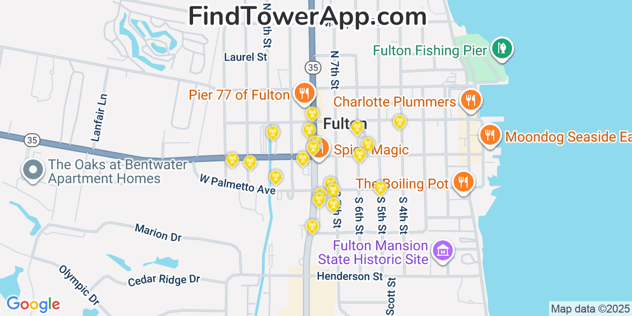 Map showing the 20 primary cell tower locations detected in Fulton, Texas from AT&T, Verizon, and T-Mobile networks