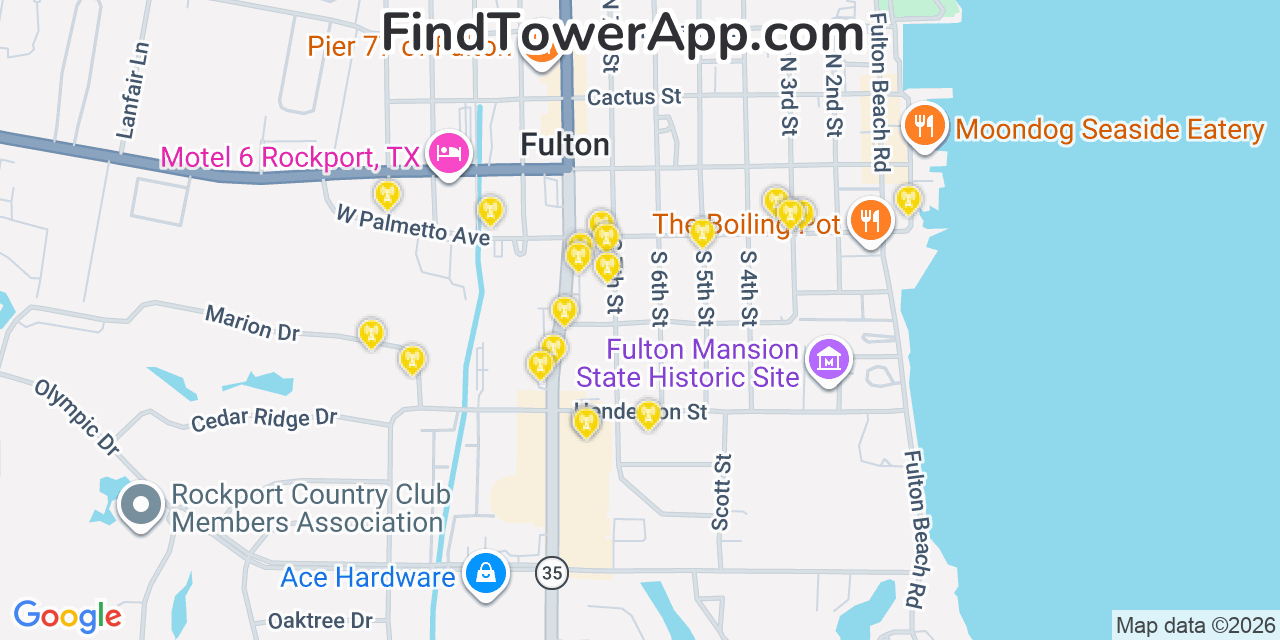 Map showing the 20 primary cell tower locations detected in Fulton, Texas from AT&T, Verizon, and T-Mobile networks