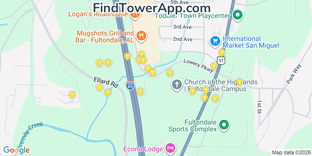 Map showing the 20 primary cell tower locations detected in Fultondale, Alabama from AT&T, Verizon, and T-Mobile networks