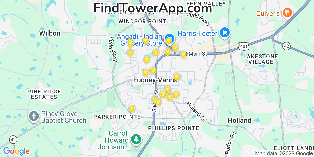 Map showing the 20 primary cell tower locations detected in Fuquay Varina, North Carolina from AT&T, Verizon, and T-Mobile networks