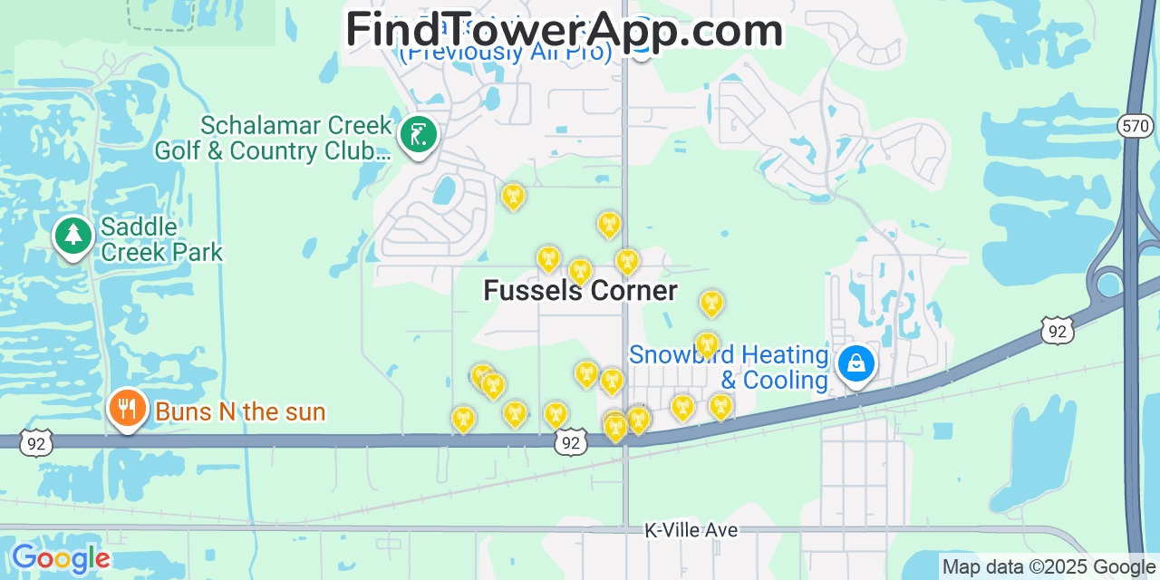 Map showing the 20 primary cell tower locations detected in Fussels Corner, Florida from AT&T, Verizon, and T-Mobile networks