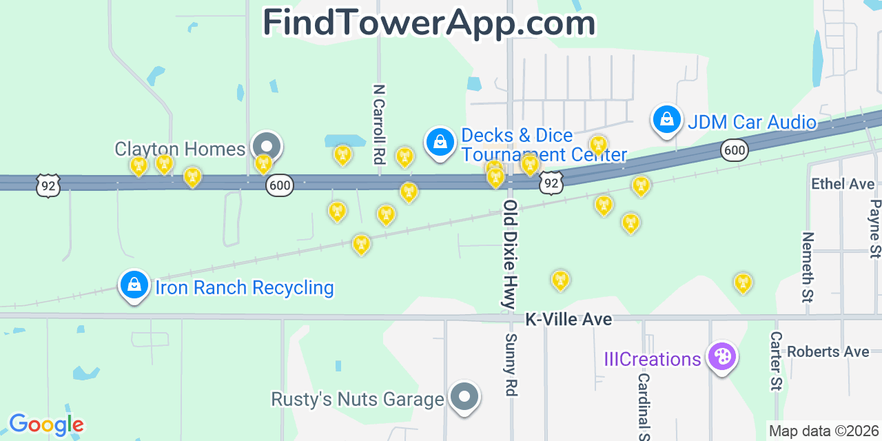 Map showing the 20 primary cell tower locations detected in Fussels Corner, Florida from AT&T, Verizon, and T-Mobile networks