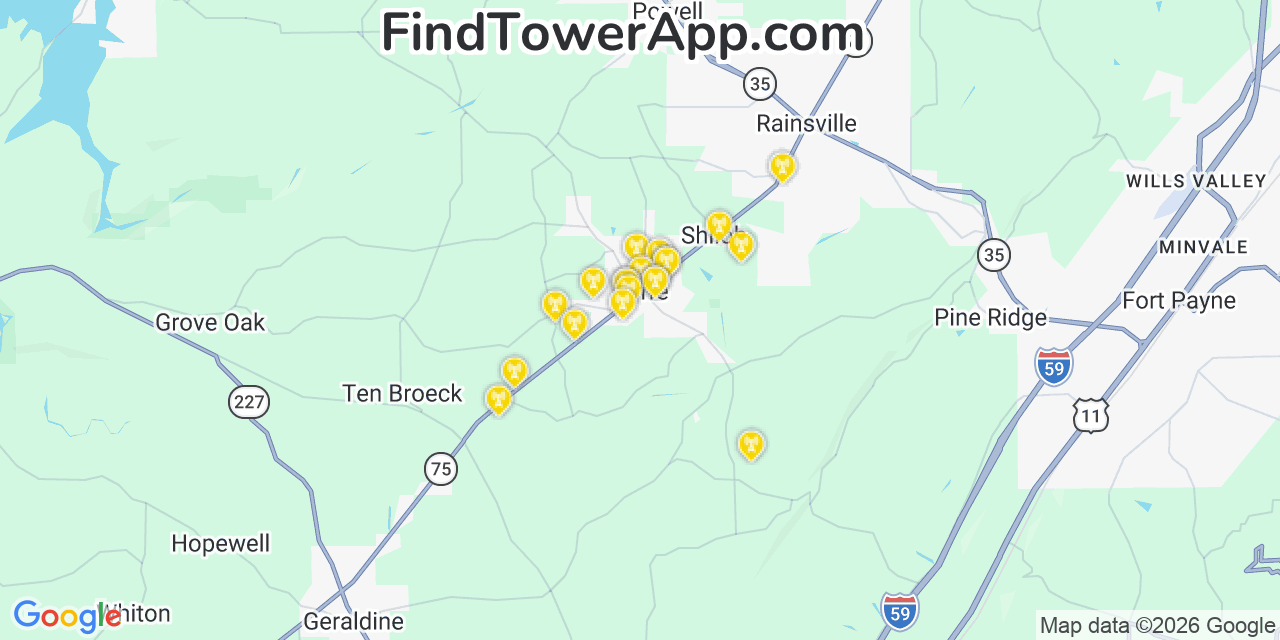 Map showing the 20 primary cell tower locations detected in Fyffe, Alabama from AT&T, Verizon, and T-Mobile networks