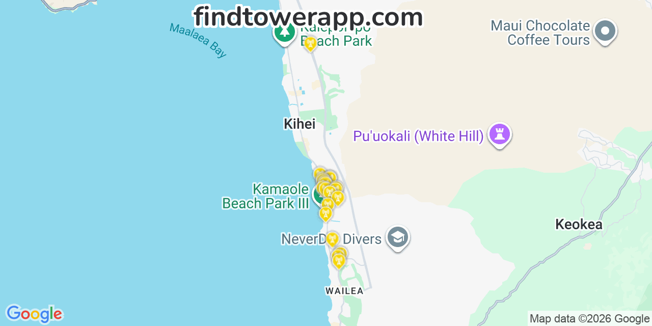 Map showing the 20 primary AT&T cell tower locations detected in Гҹвҝвҫaiea, Hawaii with coverage radius and signal strength indicators