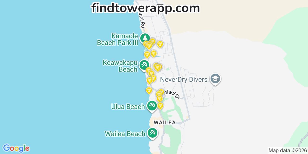 Map showing the 20 primary cell tower locations detected in Гҹвҝвҫaiea, Hawaii from AT&T, Verizon, and T-Mobile networks