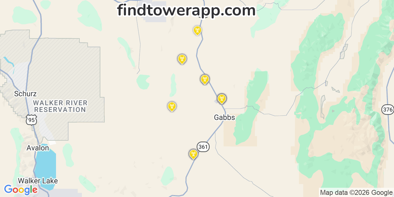 Map showing the 20 primary cell tower locations detected in Gabbs, Nevada from AT&T, Verizon, and T-Mobile networks