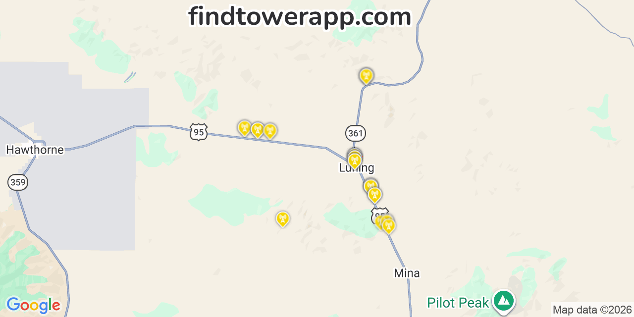 Map showing the 29 primary T-Mobile cell tower locations detected in Gabbs, Nevada with coverage radius and signal strength indicators