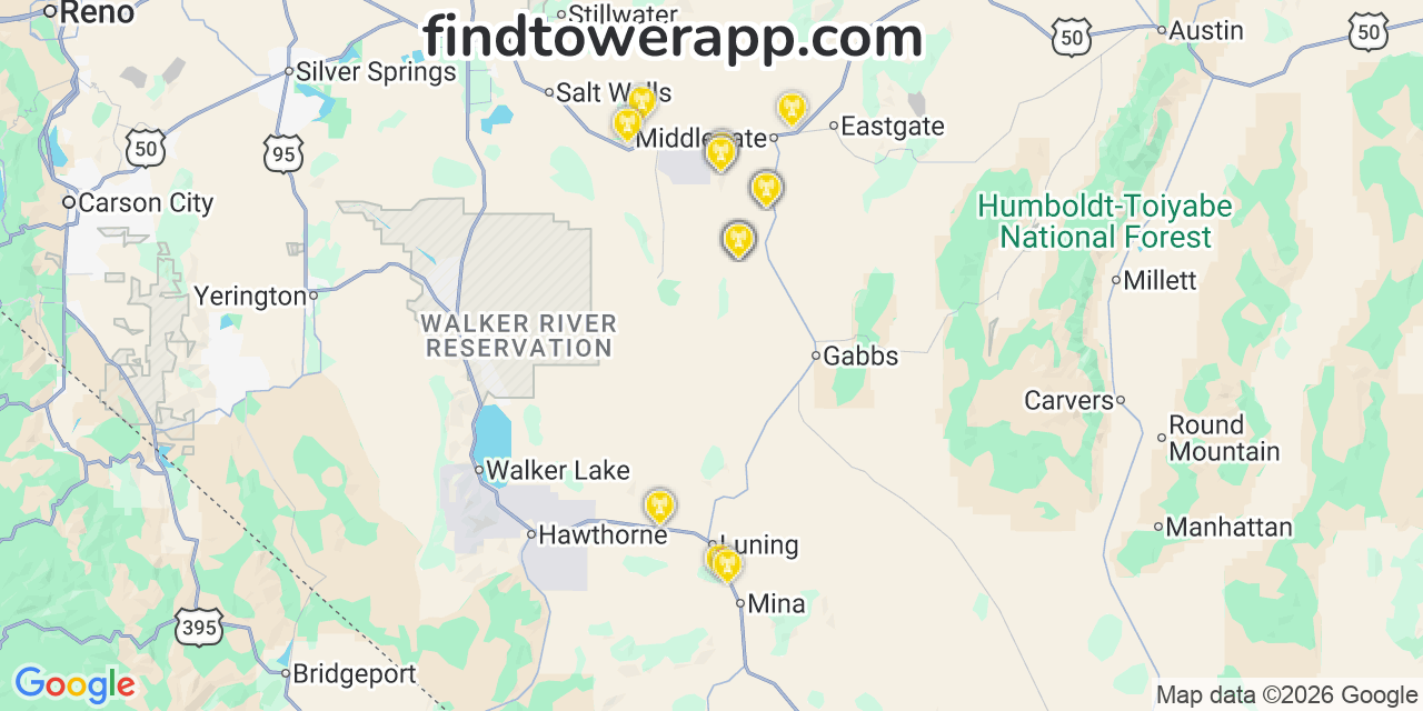 Map showing the 22 primary Verizon cell tower locations detected in Gabbs, Nevada with coverage radius and signal strength indicators