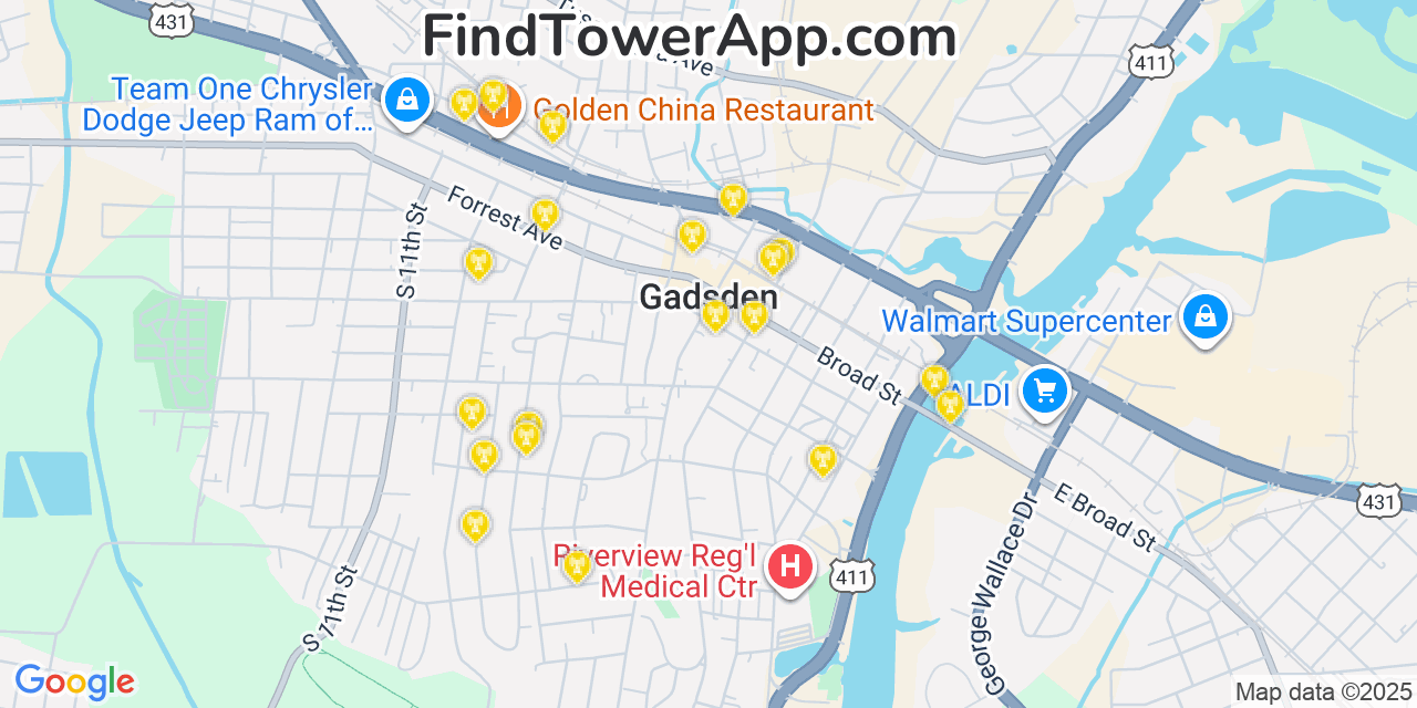 Map showing the 20 primary cell tower locations detected in Gadsden, Alabama from AT&T, Verizon, and T-Mobile networks