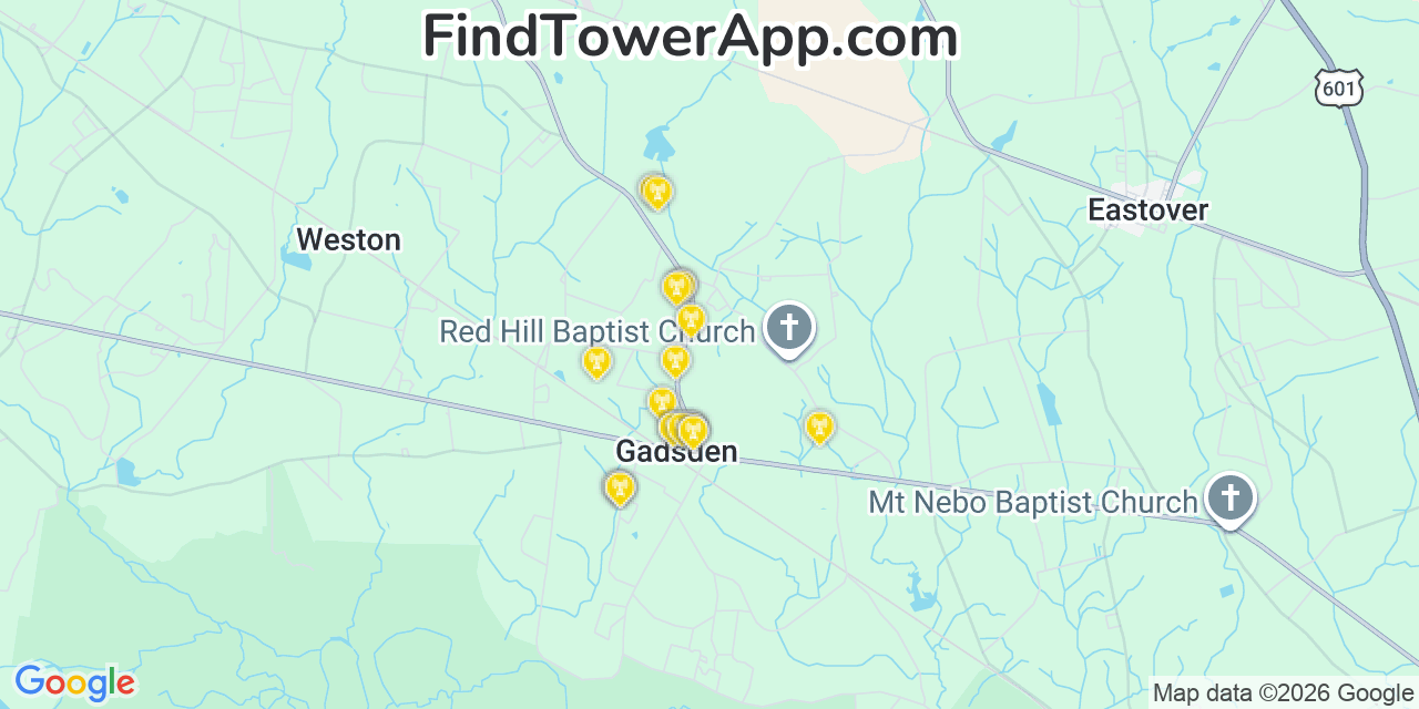 Map showing the 20 primary cell tower locations detected in Gadsden, South Carolina from AT&T, Verizon, and T-Mobile networks