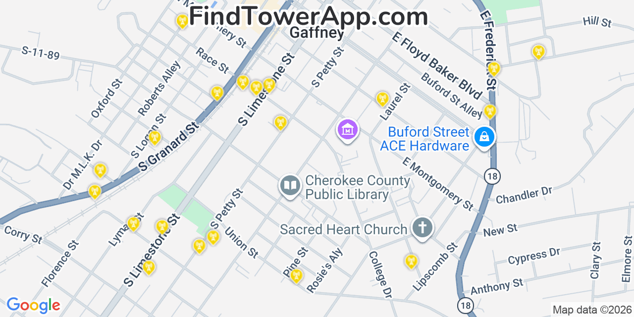 Map showing the 20 primary cell tower locations detected in Gaffney, South Carolina from AT&T, Verizon, and T-Mobile networks