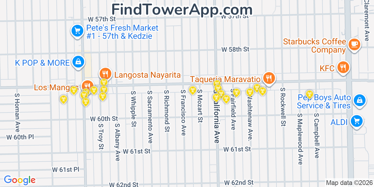 Map showing the 20 primary cell tower locations detected in Gage Park, Illinois from AT&T, Verizon, and T-Mobile networks