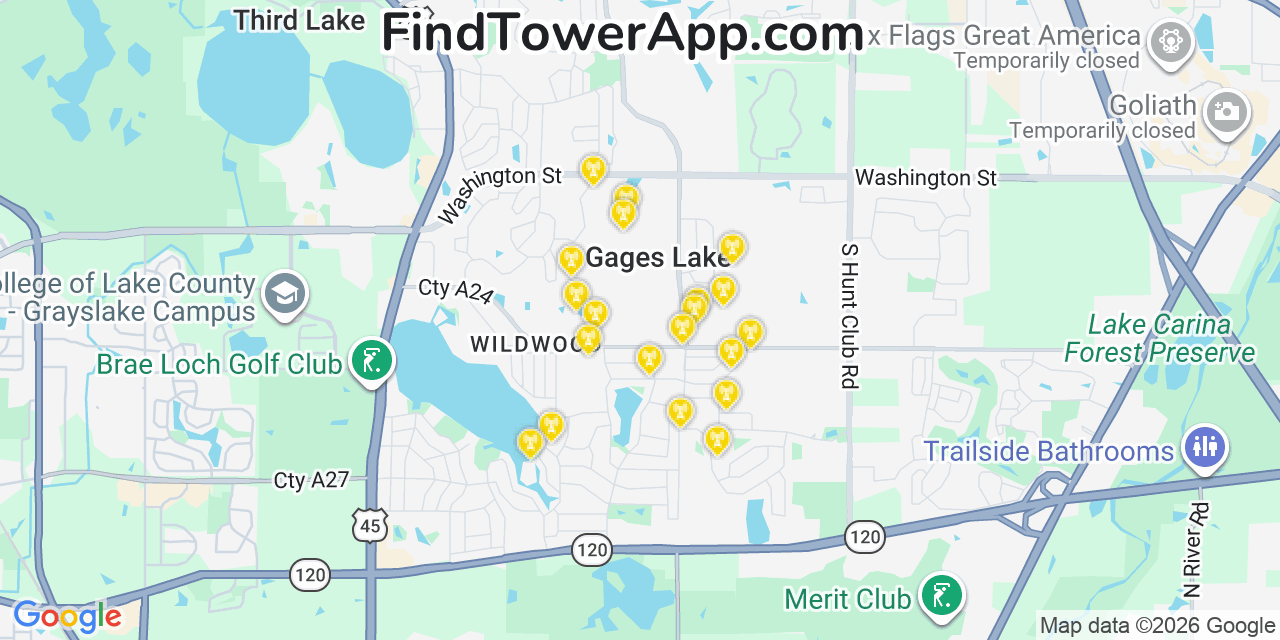 Map showing the 20 primary cell tower locations detected in Gages Lake, Illinois from AT&T, Verizon, and T-Mobile networks