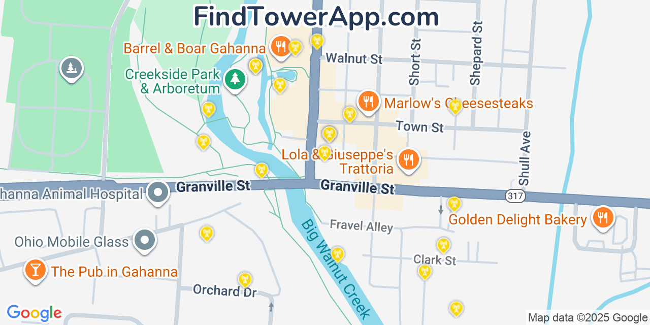 Map showing the 20 primary cell tower locations detected in Gahanna, Ohio from AT&T, Verizon, and T-Mobile networks