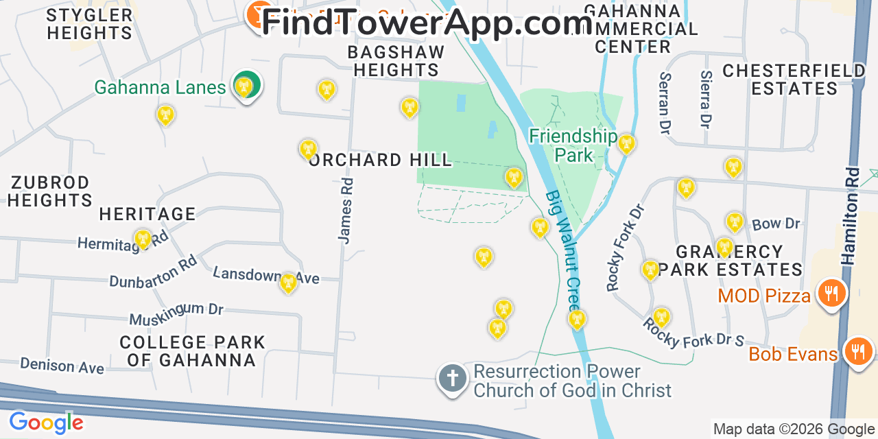 Map showing the 20 primary cell tower locations detected in Gahanna, Ohio from AT&T, Verizon, and T-Mobile networks