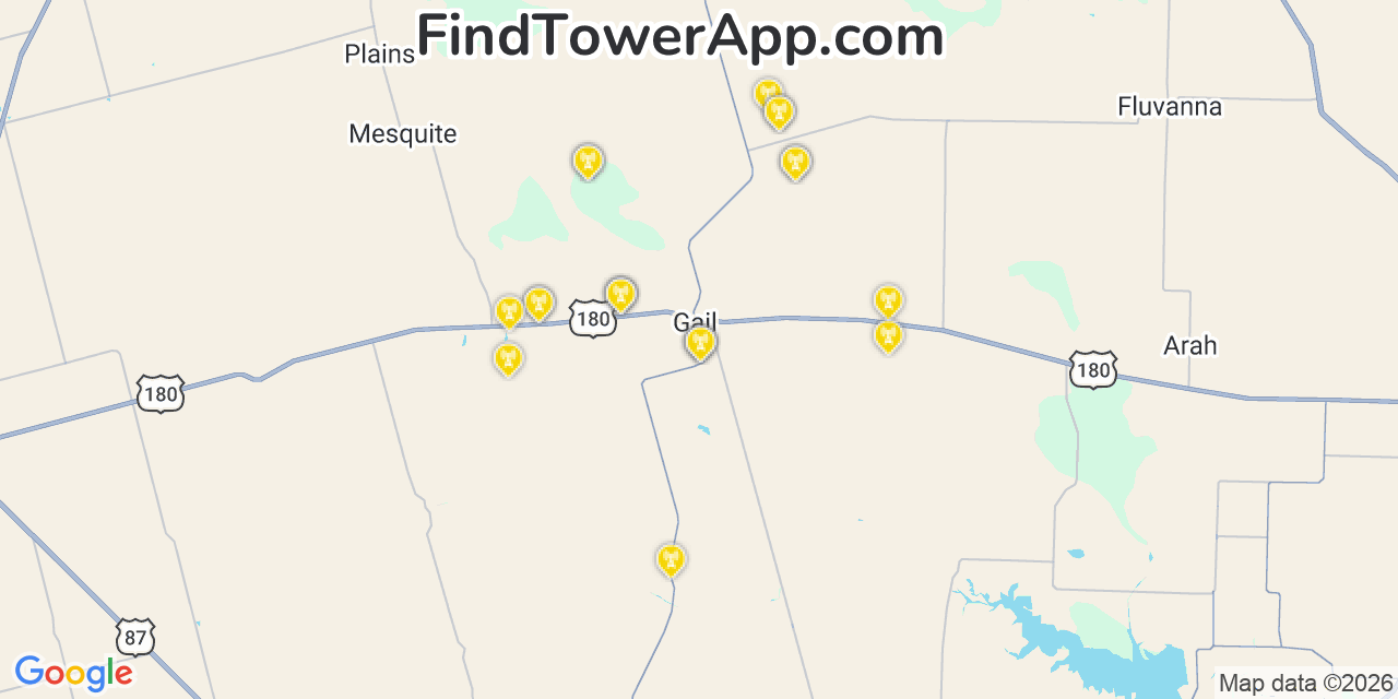 Map showing the 20 primary cell tower locations detected in Gail, Texas from AT&T, Verizon, and T-Mobile networks