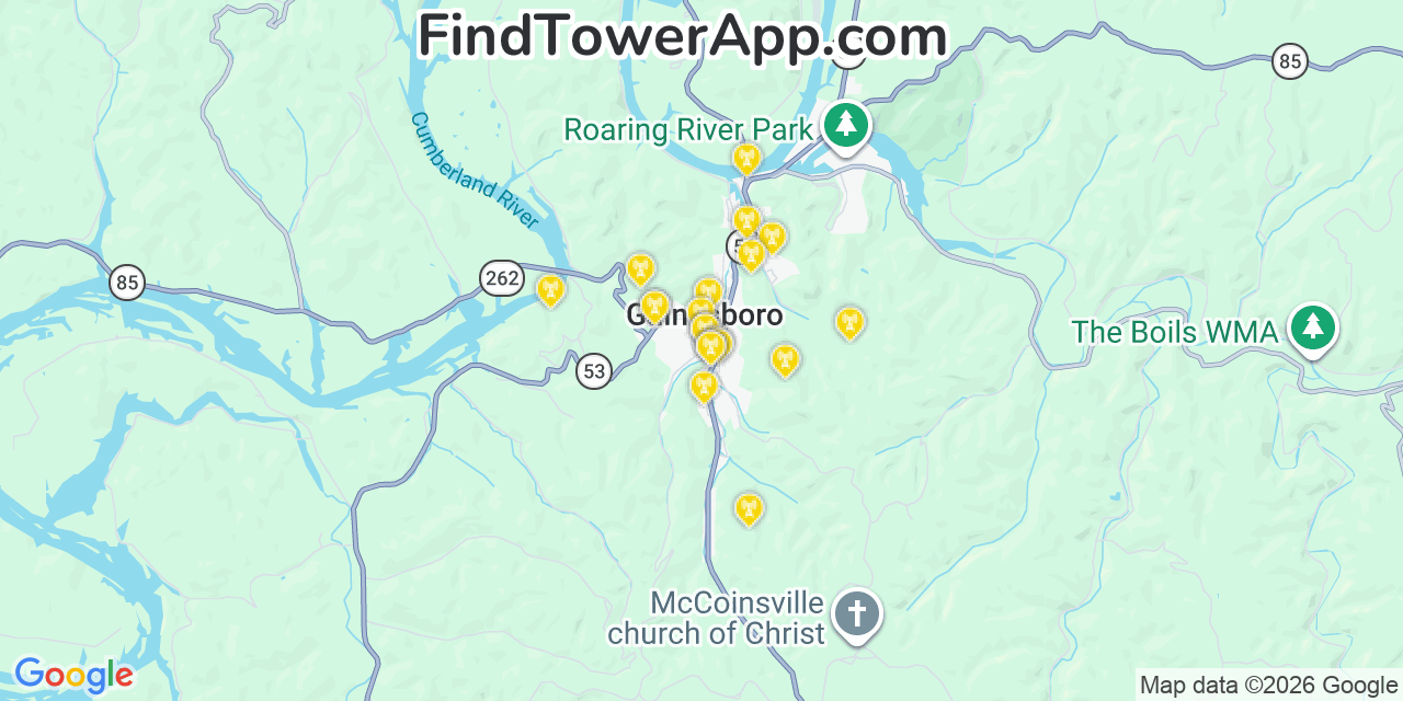 Map showing the 20 primary cell tower locations detected in Gainesboro, Tennessee from AT&T, Verizon, and T-Mobile networks