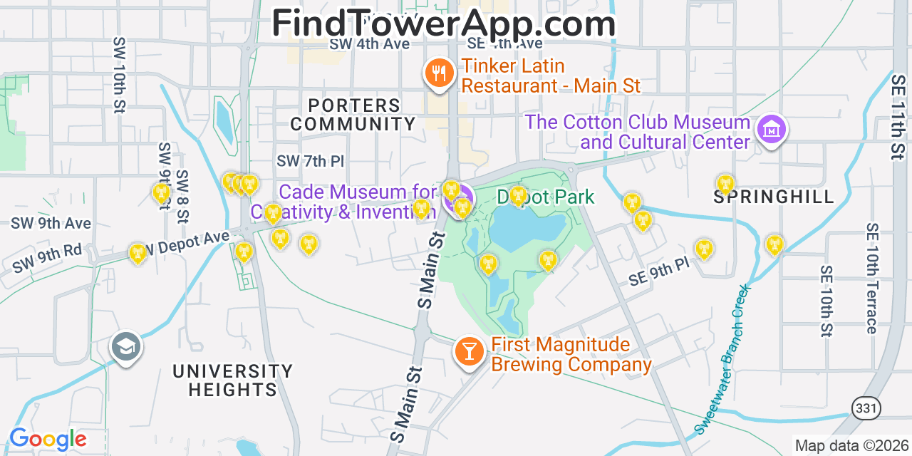 Map showing the 20 primary cell tower locations detected in Gainesville, Florida from AT&T, Verizon, and T-Mobile networks