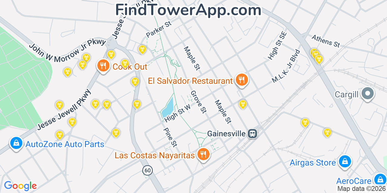 Map showing the 20 primary cell tower locations detected in Gainesville, Georgia from AT&T, Verizon, and T-Mobile networks