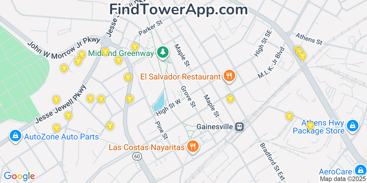 Map showing the 20 primary Mobitel cell tower locations detected in Gainesville, Georgia with coverage radius and signal strength indicators