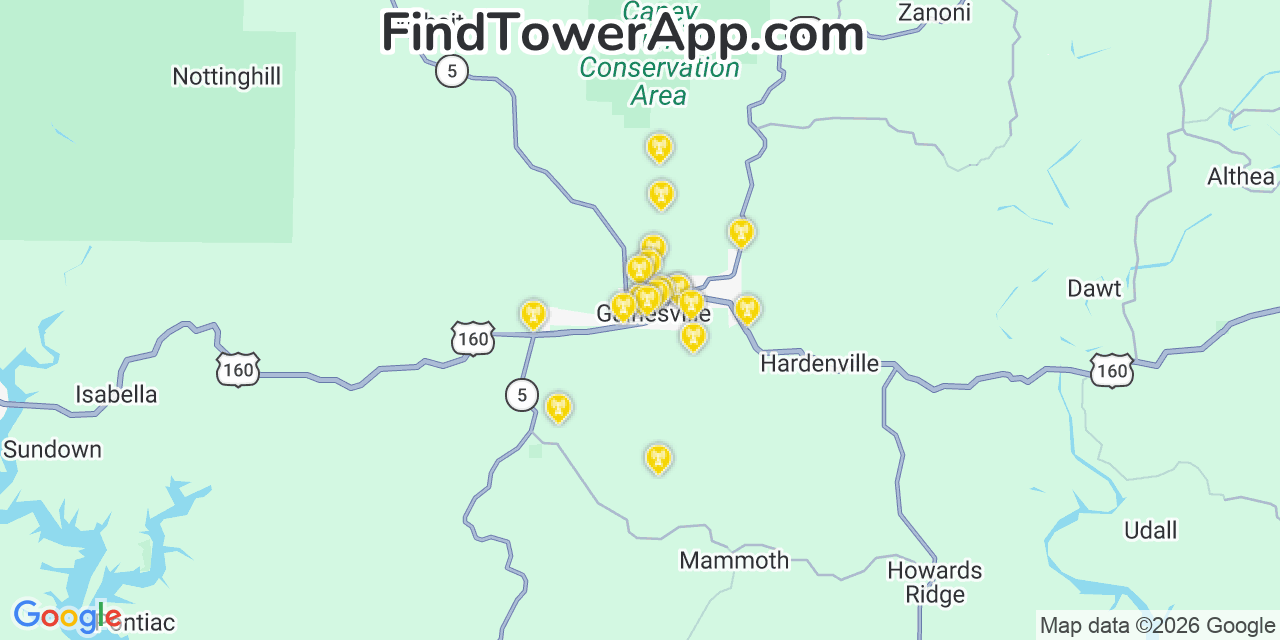 Map showing the 20 primary cell tower locations detected in Gainesville, Missouri from AT&T, Verizon, and T-Mobile networks