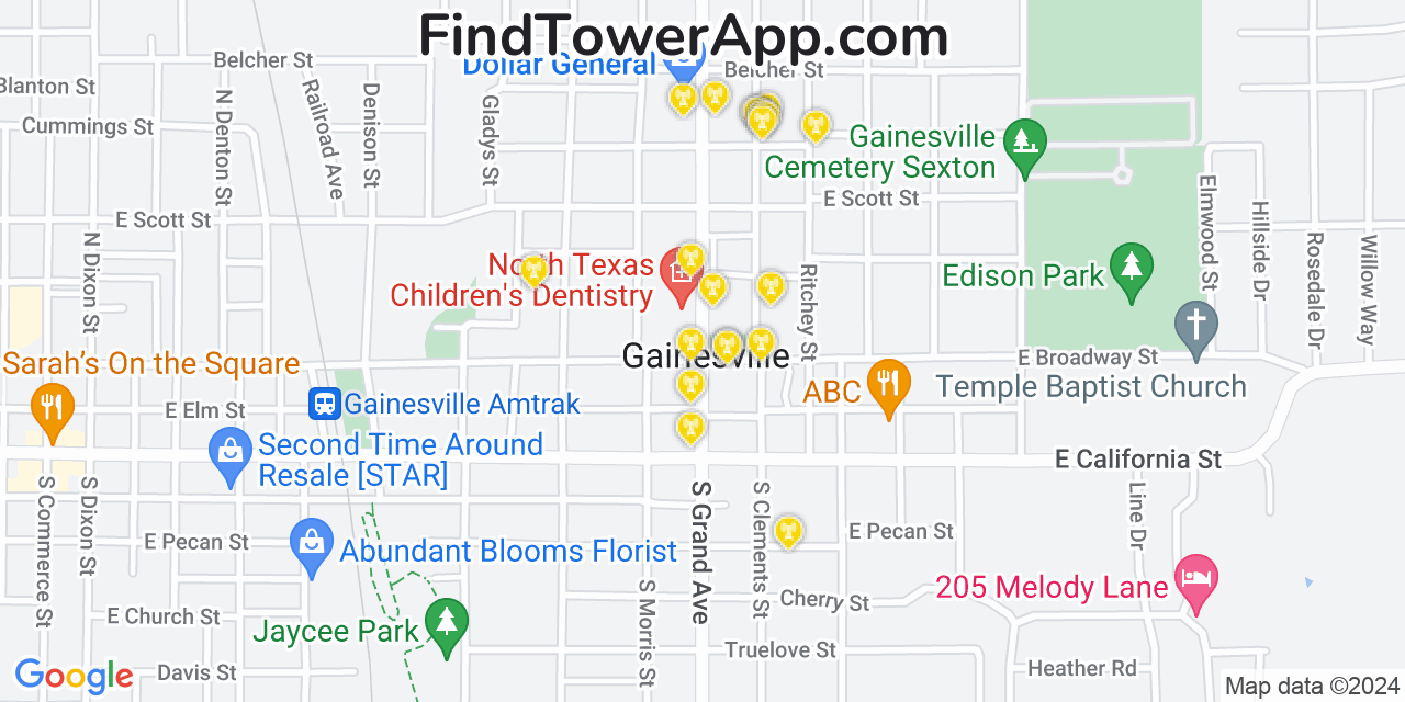AT&T 4G/5G cell tower coverage map Gainesville, Texas