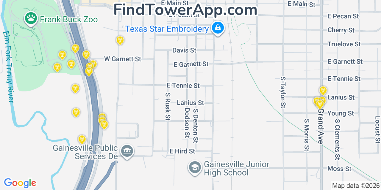 Map showing the 20 primary cell tower locations detected in Gainesville, Texas from AT&T, Verizon, and T-Mobile networks