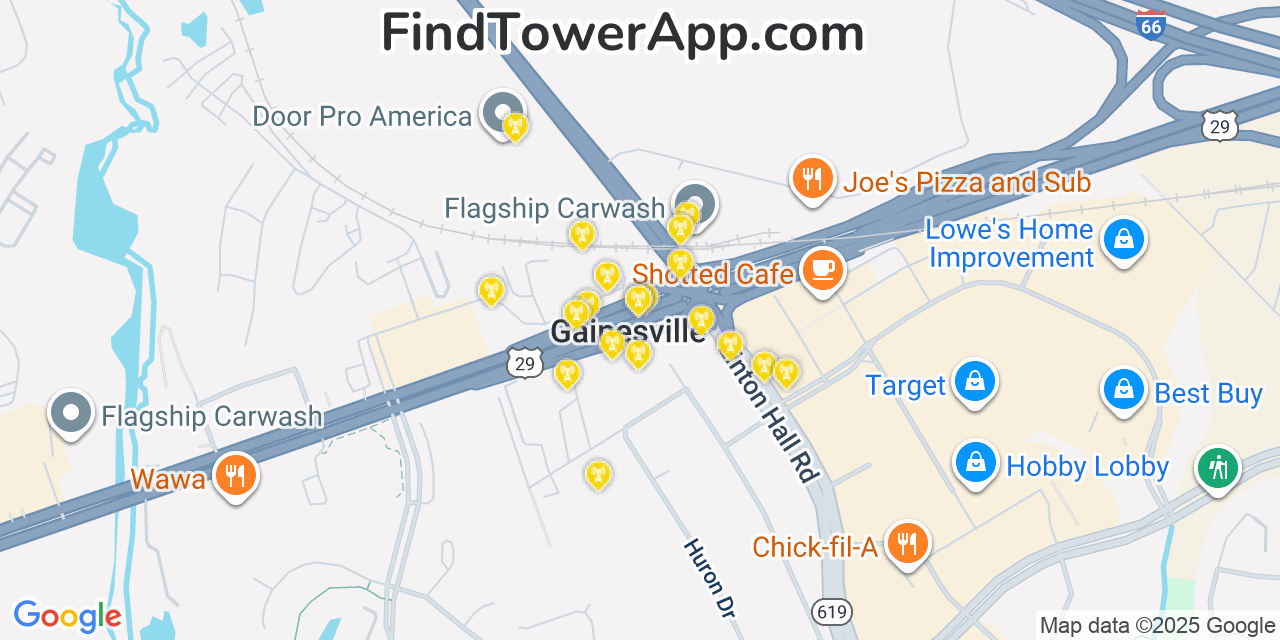 Map showing the 20 primary cell tower locations detected in Gainesville, Virginia from AT&T, Verizon, and T-Mobile networks