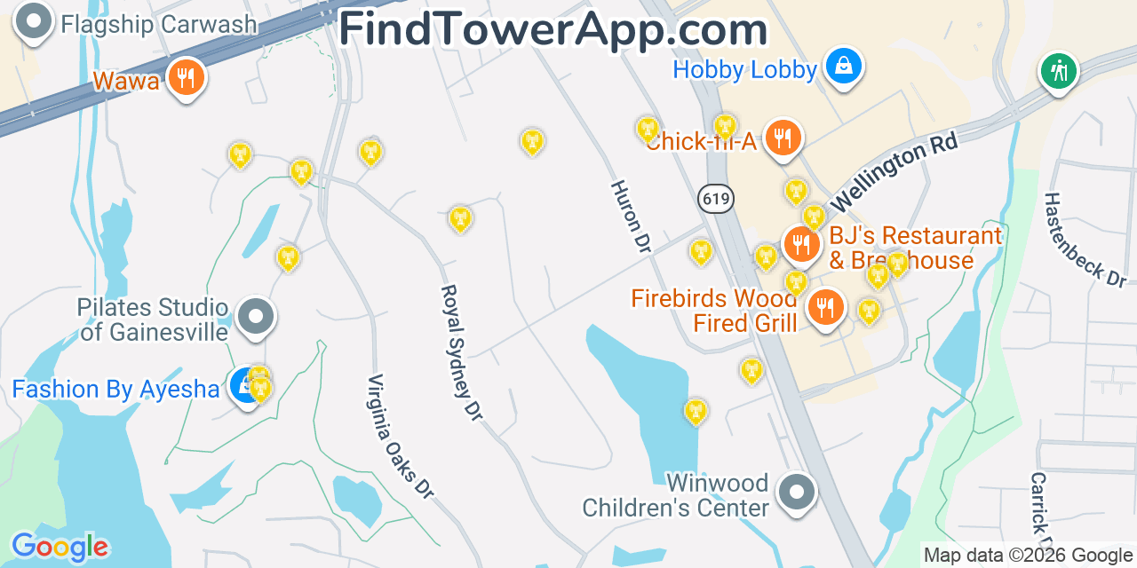 Map showing the 20 primary cell tower locations detected in Gainesville, Virginia from AT&T, Verizon, and T-Mobile networks