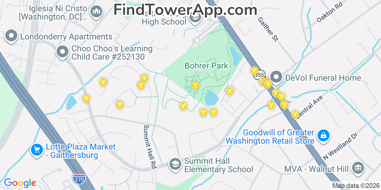Map showing the 20 primary cell tower locations detected in Gaithersburg, Maryland from AT&T, Verizon, and T-Mobile networks