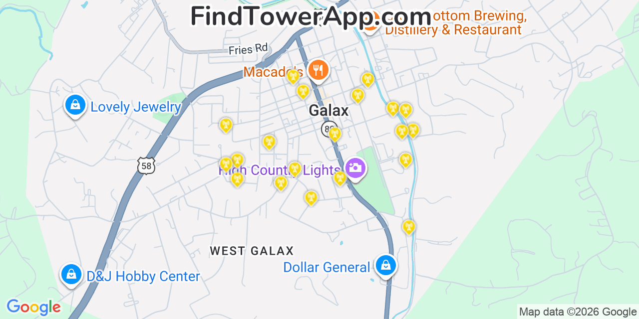 Map showing the 20 primary cell tower locations detected in Galax, Virginia from AT&T, Verizon, and T-Mobile networks