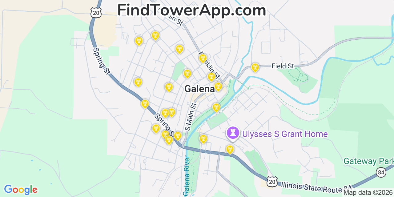 Map showing the 20 primary cell tower locations detected in Galena, Illinois from AT&T, Verizon, and T-Mobile networks