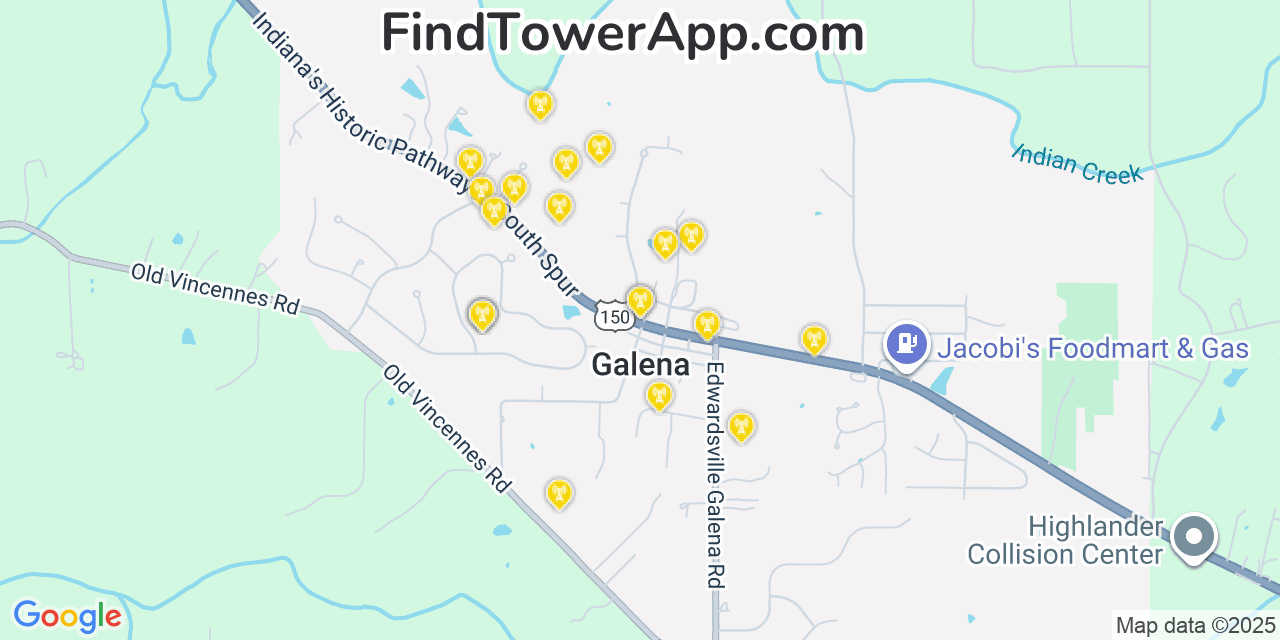 Map showing the 20 primary cell tower locations detected in Galena, Indiana from AT&T, Verizon, and T-Mobile networks