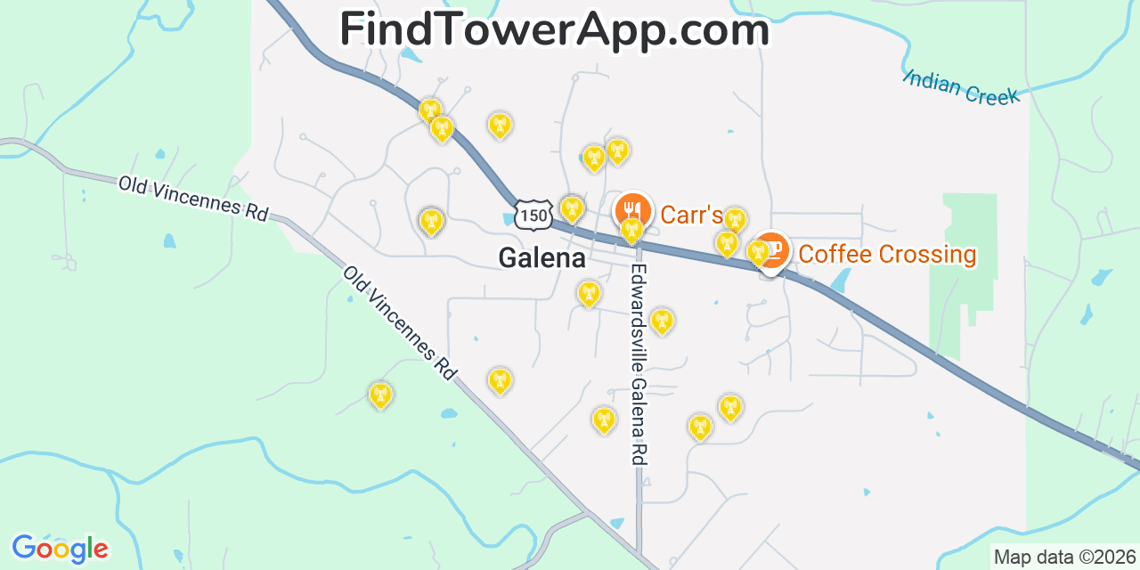 Map showing the 20 primary cell tower locations detected in Galena, Indiana from AT&T, Verizon, and T-Mobile networks