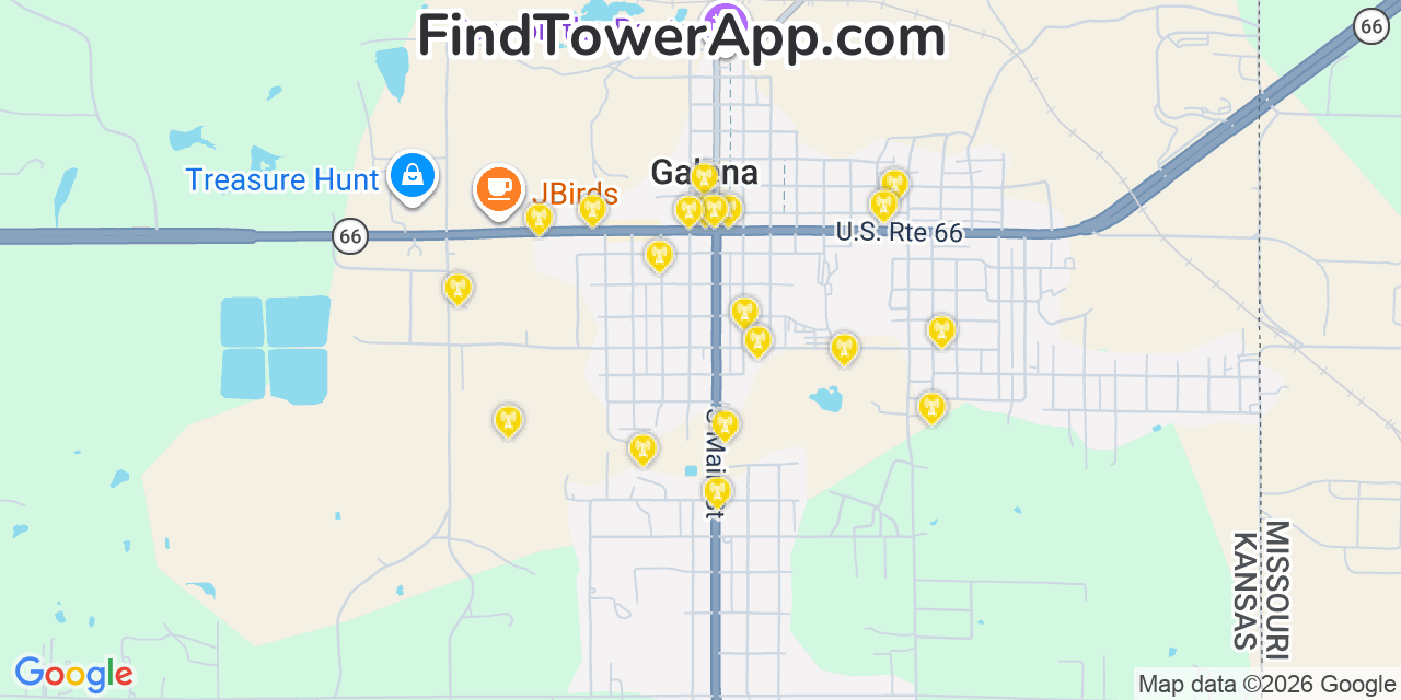 Map showing the 20 primary cell tower locations detected in Galena, Kansas from AT&T, Verizon, and T-Mobile networks