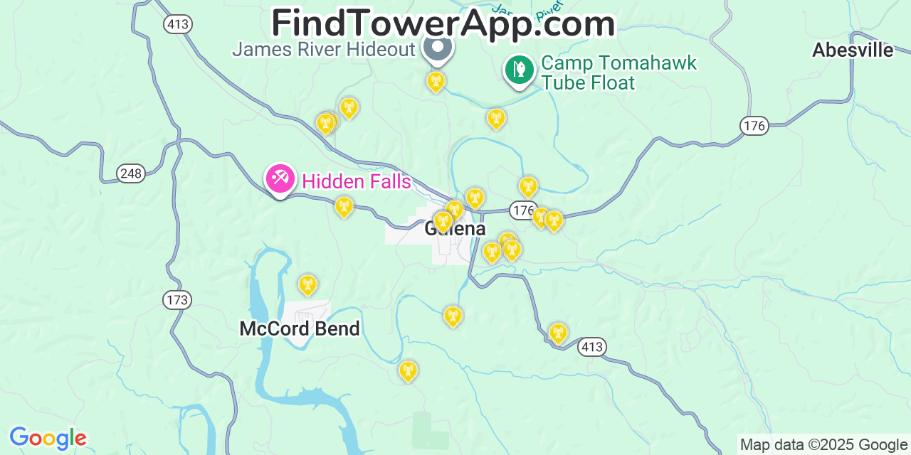 Map showing the 20 primary cell tower locations detected in Galena, Missouri from AT&T, Verizon, and T-Mobile networks