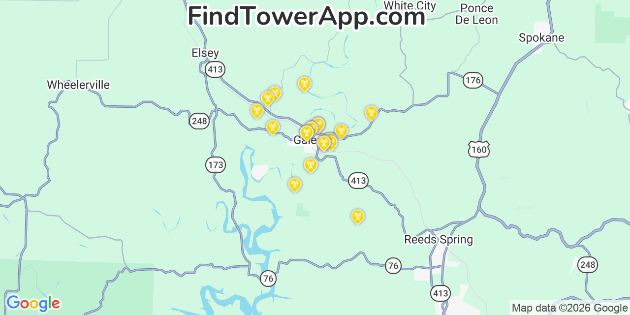 Map showing the 20 primary cell tower locations detected in Galena, Missouri from AT&T, Verizon, and T-Mobile networks