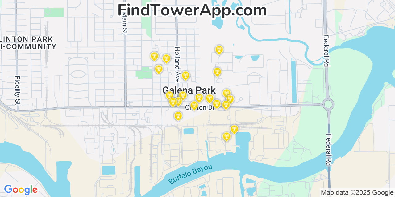 Map showing the 20 primary cell tower locations detected in Galena Park, Texas from AT&T, Verizon, and T-Mobile networks