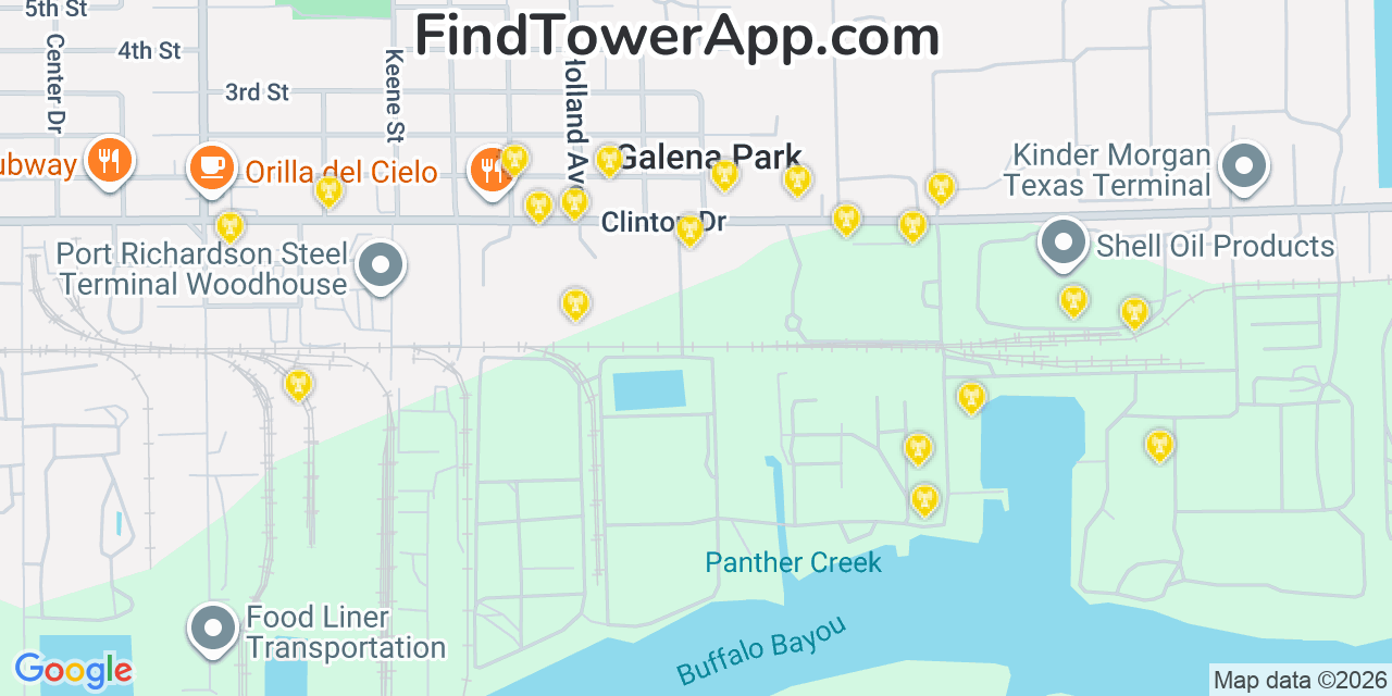 Map showing the 20 primary cell tower locations detected in Galena Park, Texas from AT&T, Verizon, and T-Mobile networks