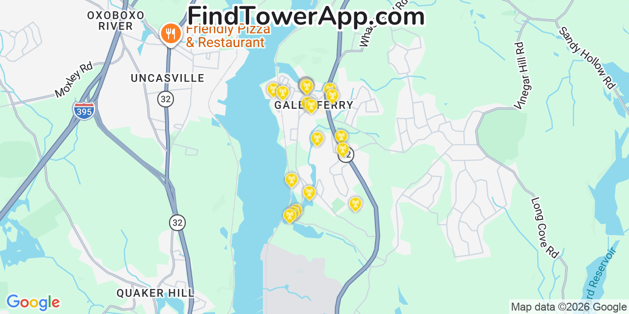 Map showing the 20 primary cell tower locations detected in Gales Ferry, Connecticut from AT&T, Verizon, and T-Mobile networks
