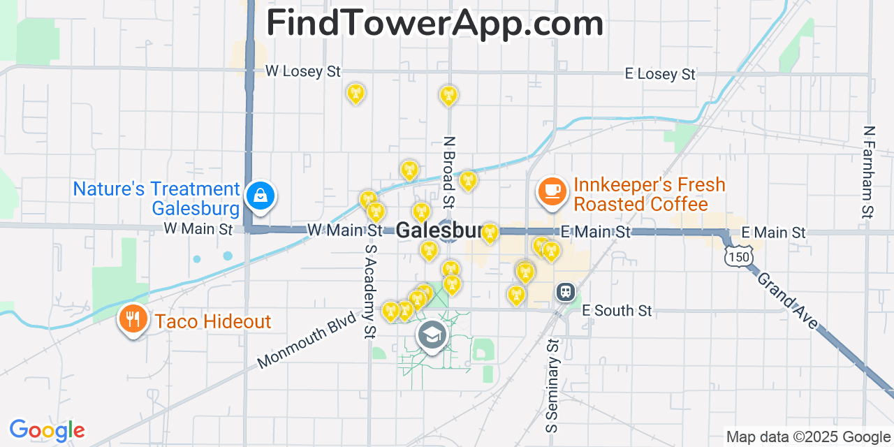 Map showing the 20 primary cell tower locations detected in Galesburg, Illinois from AT&T, Verizon, and T-Mobile networks