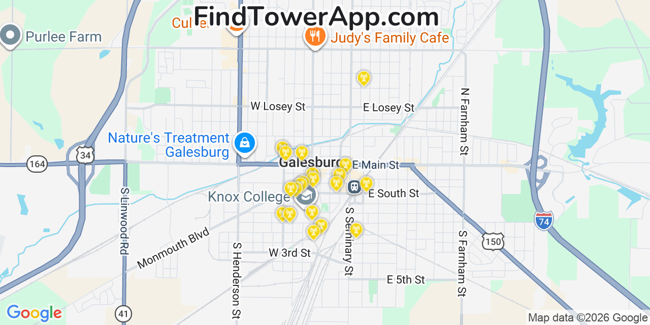 Map showing the 20 primary cell tower locations detected in Galesburg, Illinois from AT&T, Verizon, and T-Mobile networks