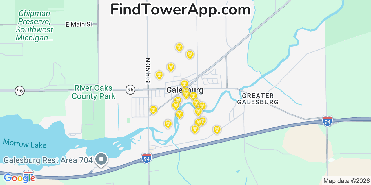 Map showing the 20 primary cell tower locations detected in Galesburg, Michigan from AT&T, Verizon, and T-Mobile networks
