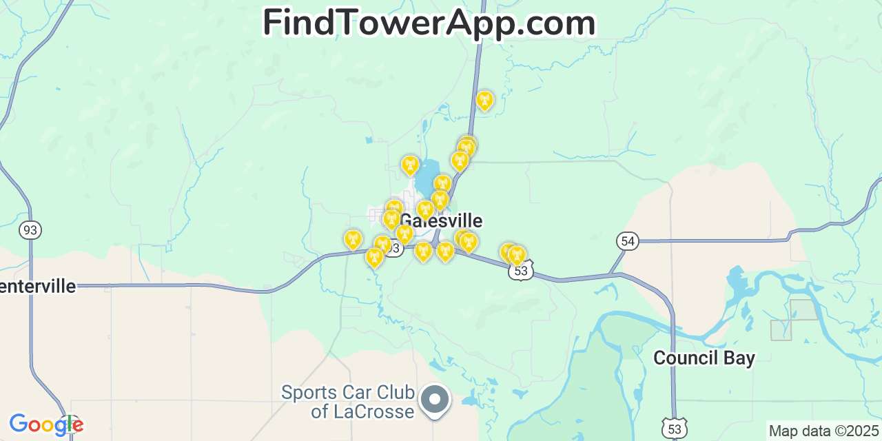 Map showing the 20 primary cell tower locations detected in Galesville, Wisconsin from AT&T, Verizon, and T-Mobile networks
